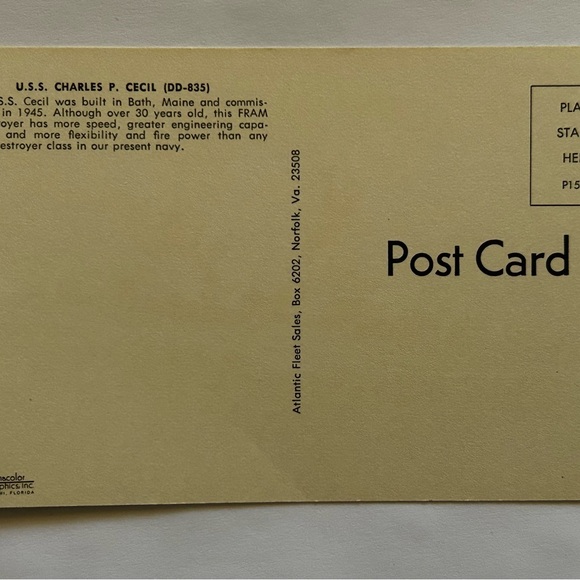 USS Charles P. Cecil (DD-835) Destroyer Ship Vintage Postcard (1970s) - Picture 3 of 3